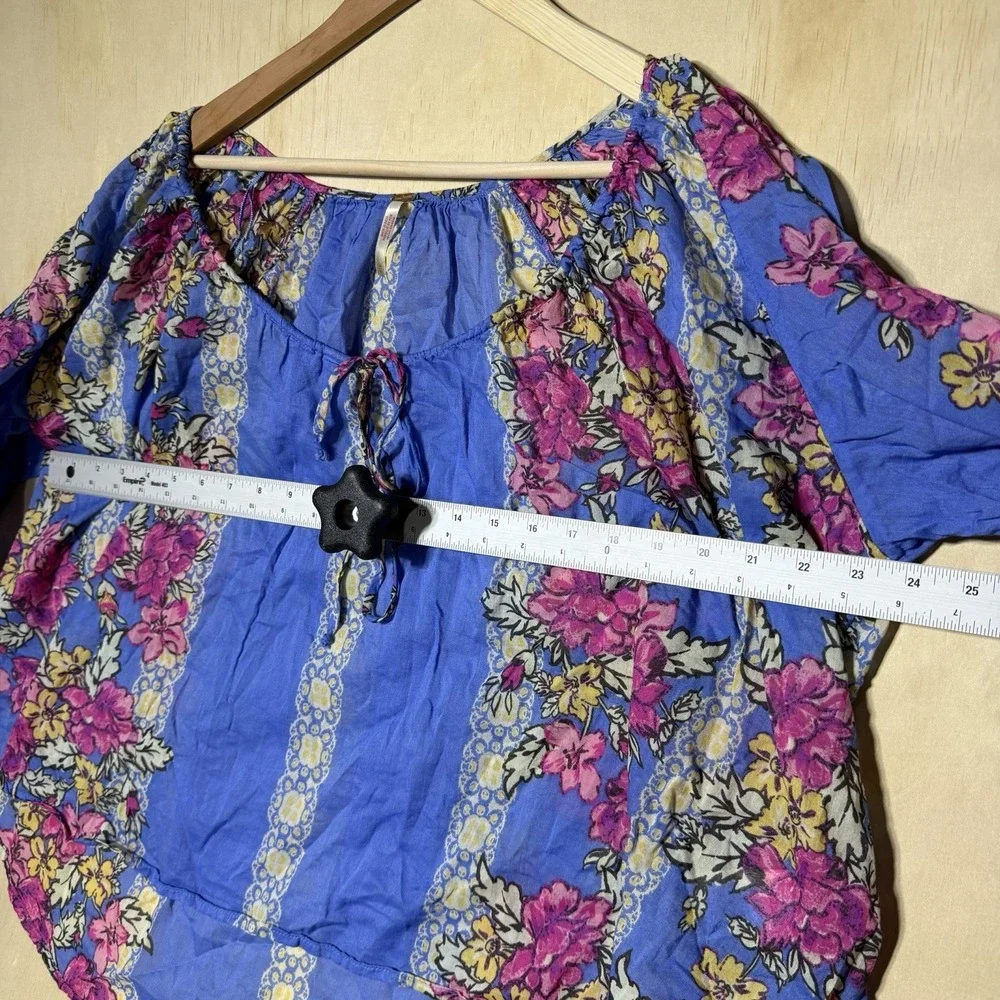 Free People Floral Peasant Boho Blouse Women's Medium Blue 3/4 Sleeve Top